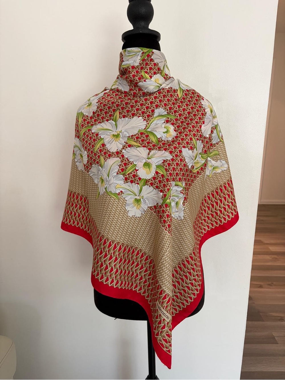 Valentino Silk Scarf Red White Floral Hand Rolled Made In Italy